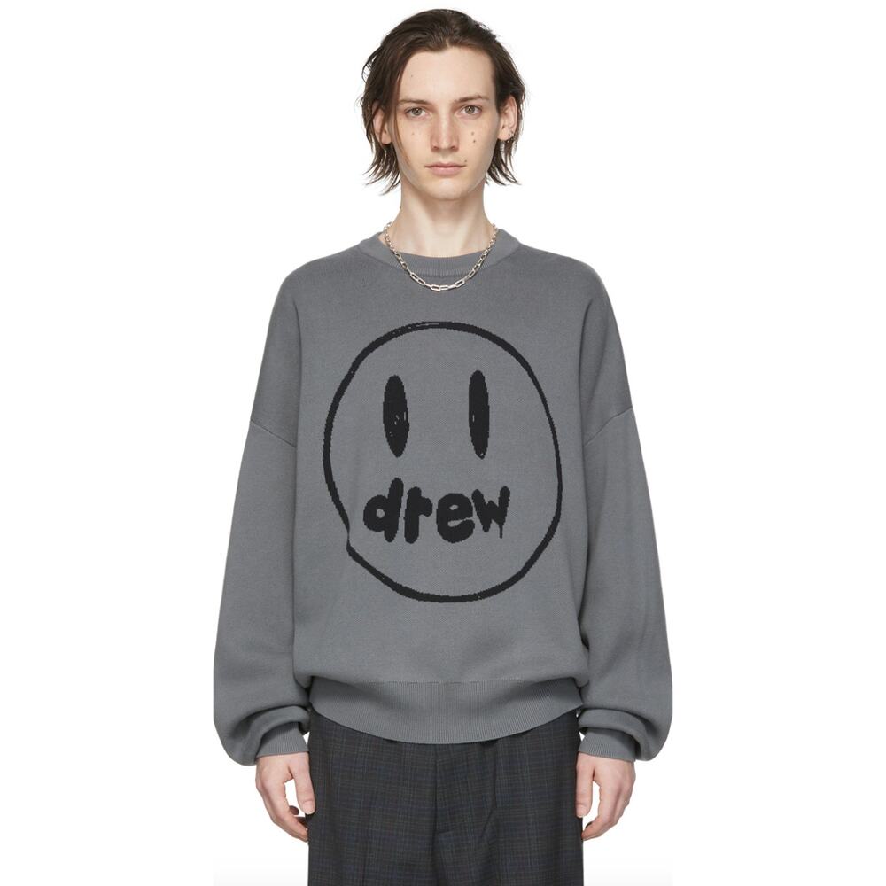Drew House Men's Gray Painted Mascot Crewneck Sweater Size XXL Smiley Face